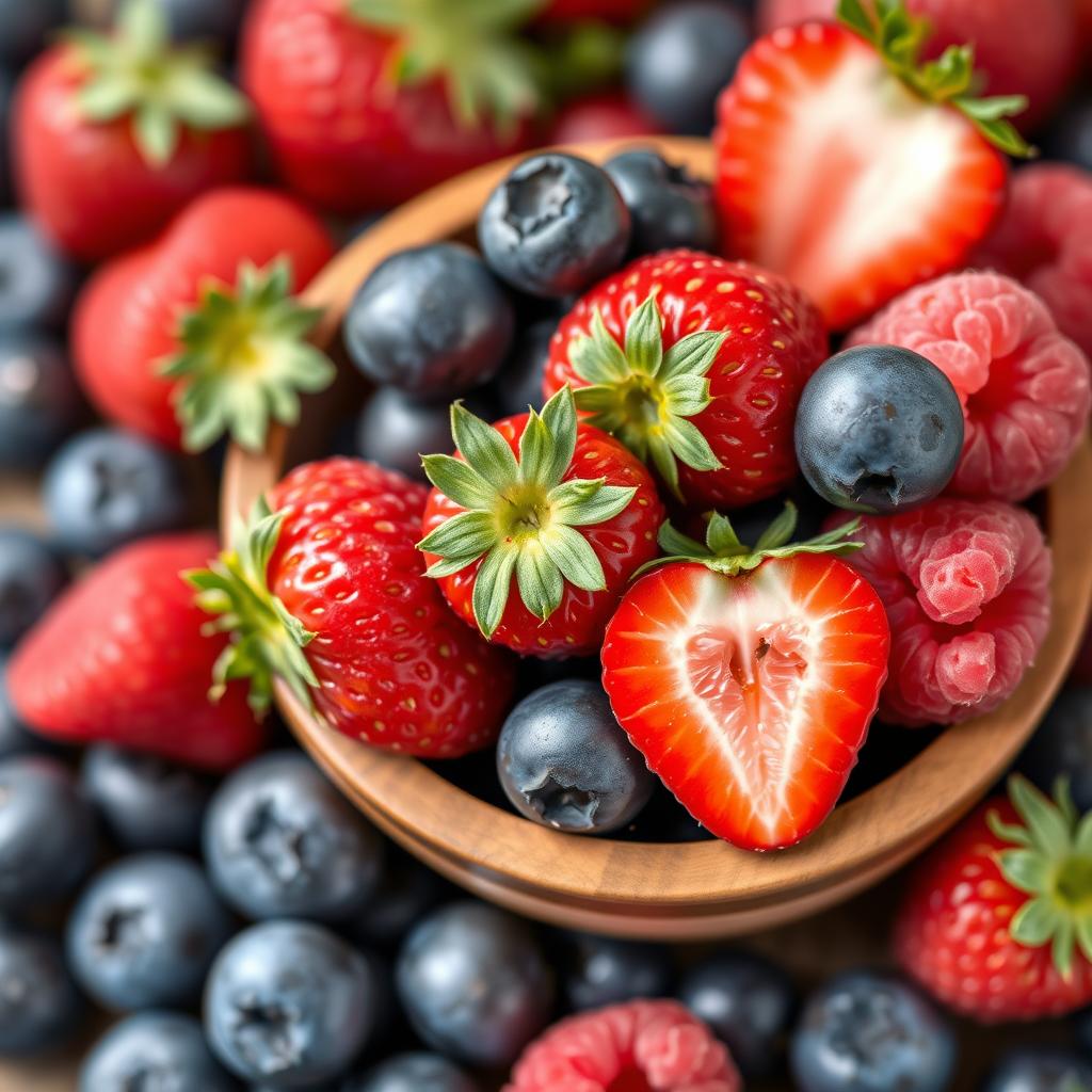Assortment of fresh berries including blueberries, strawberries, and raspberries