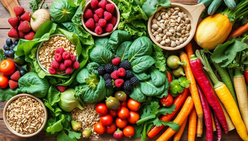Colorful array of whole foods including vegetables, fruits, nuts, and whole grains