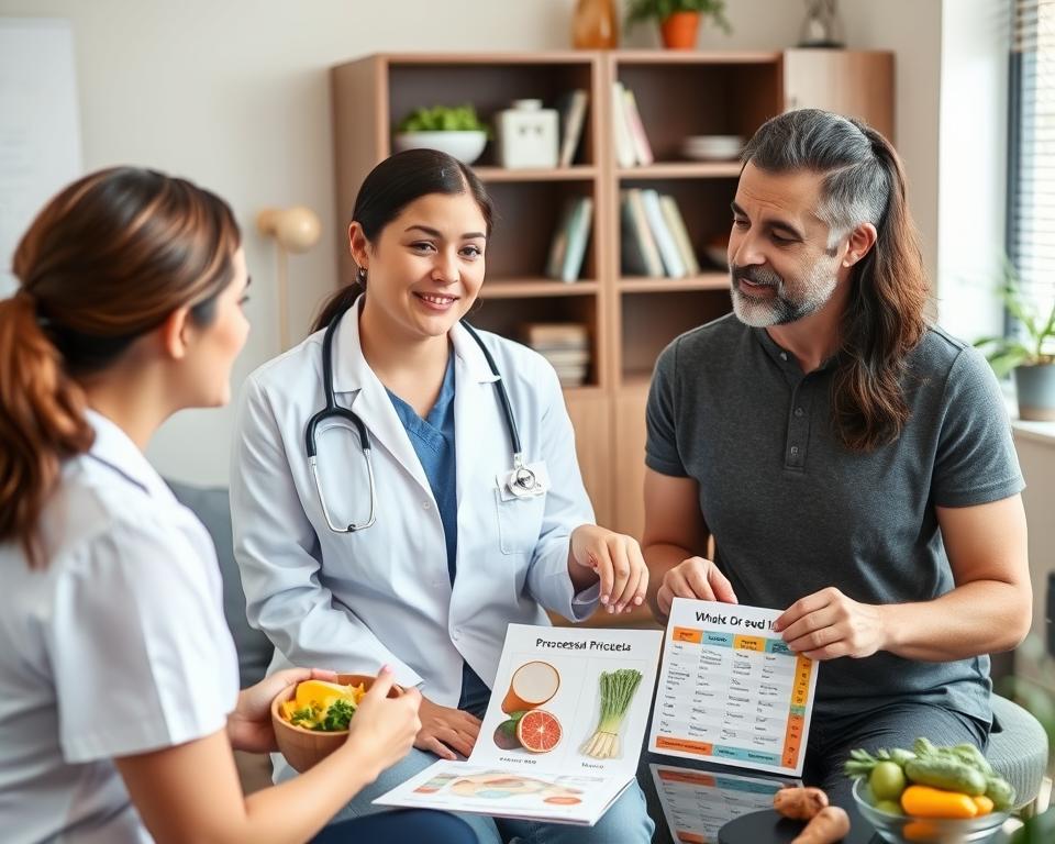 Doctor discussing nutrition with patient using food models and charts