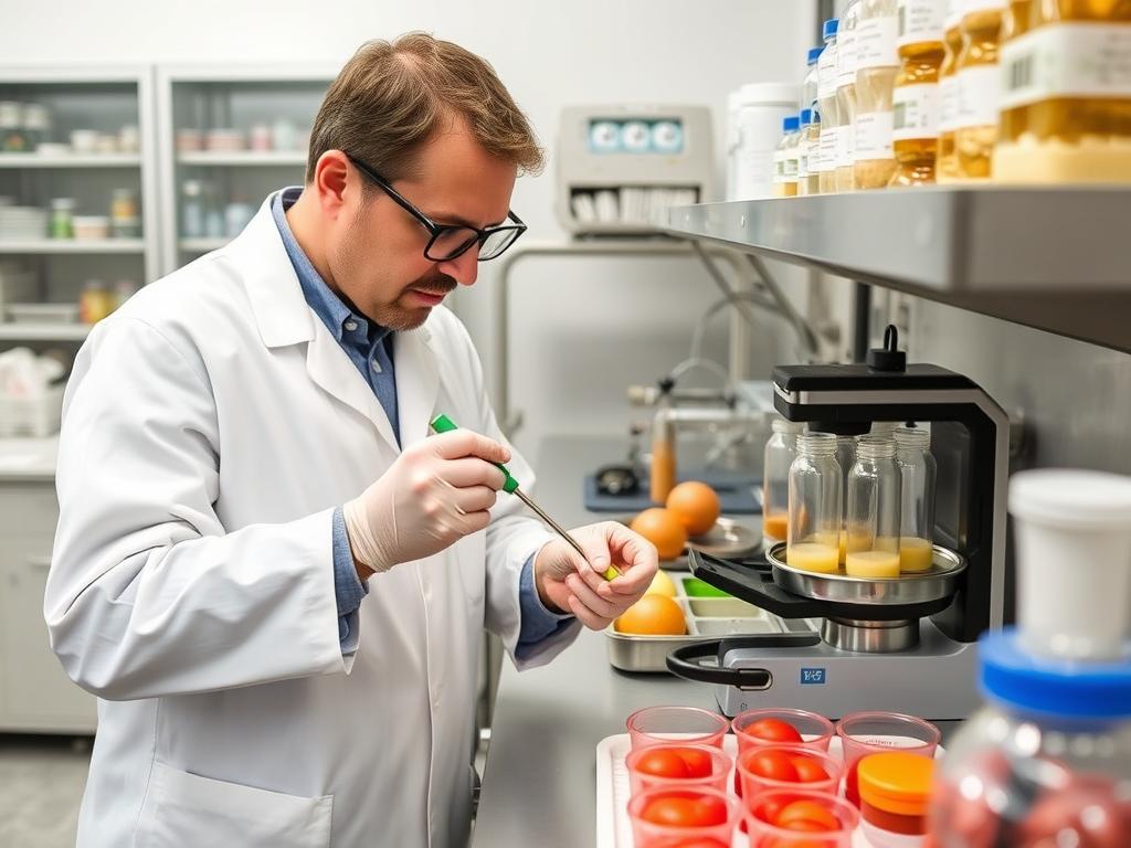 Food scientist in lab testing processed food formulations for optimal taste and shelf life
