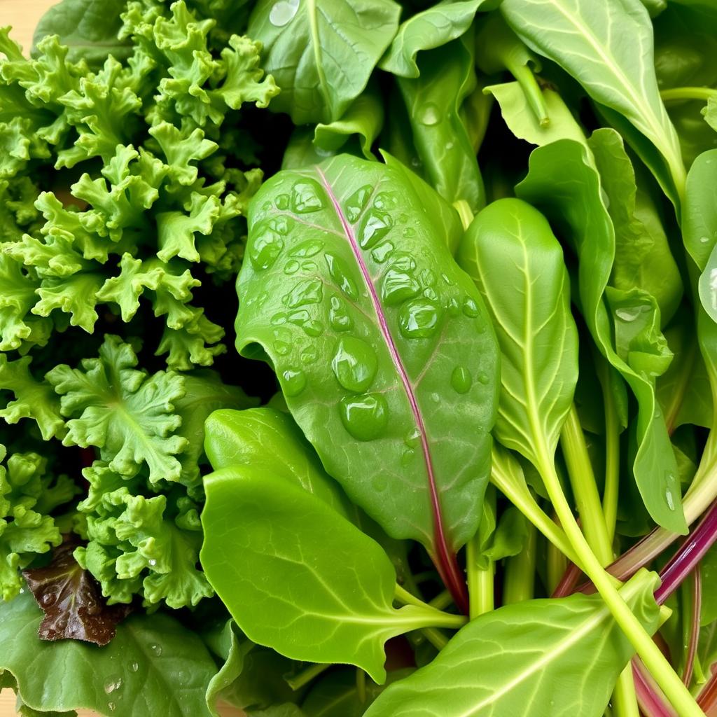 Fresh leafy greens including kale, spinach, and Swiss chard