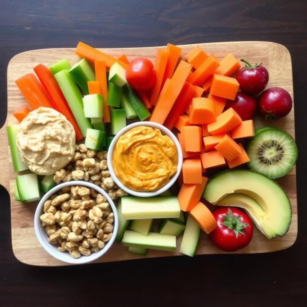 Healthy snack options including cut vegetables, hummus, and nuts