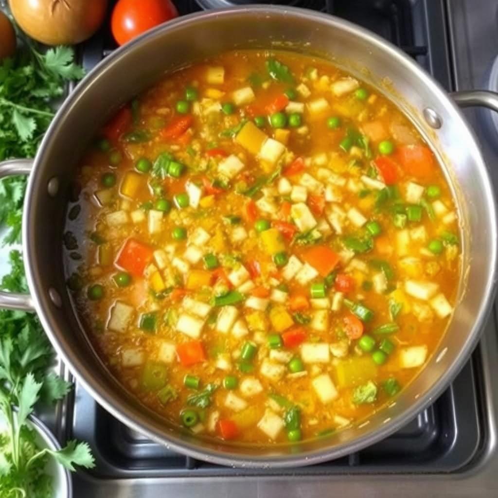 Large pot of healthy soup being prepared for multiple meals