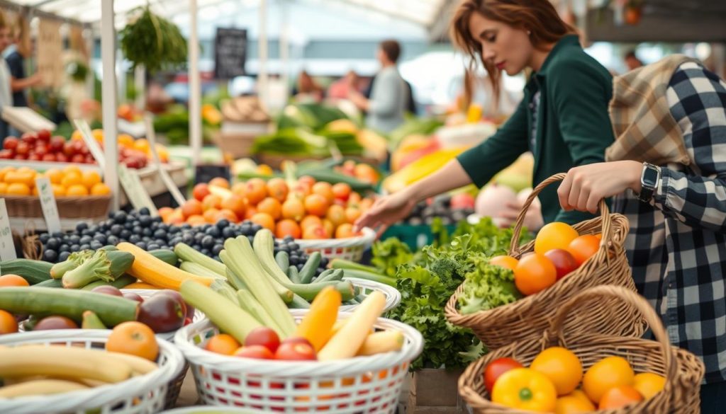 Person making healthy food choices at a farmers market