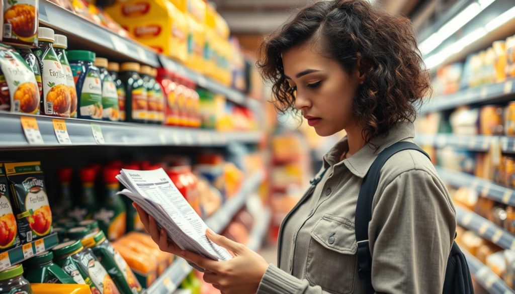 Person reading food labels while grocery shopping, making informed food choices