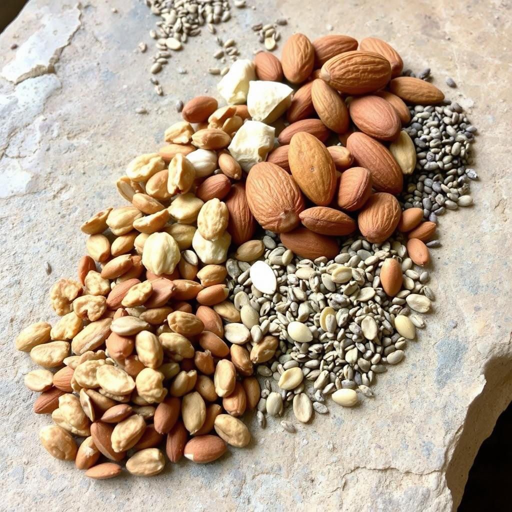 Various nuts and seeds including walnuts, almonds, flaxseeds, and chia seeds